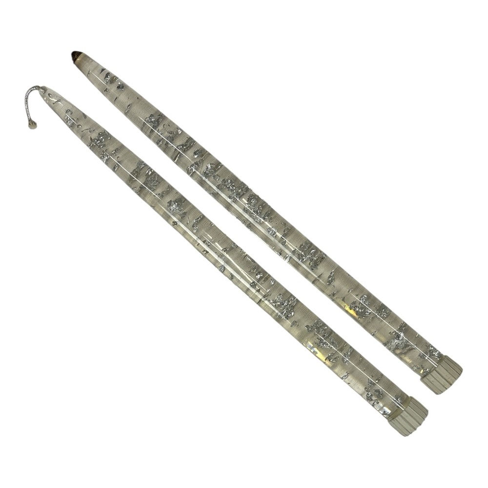 2 Vtg MCM Clear Lucite Acrylic Silver Flecks Glitter Taper Candles With Holder